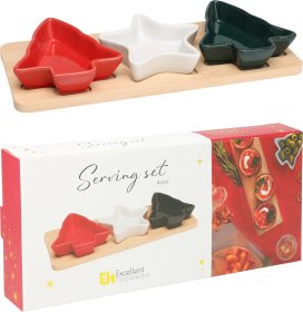 Serviravimo indų rinkinys KALĖDOS, bambukinis padėklas ir 3 vnt. keraminių dubenėlių