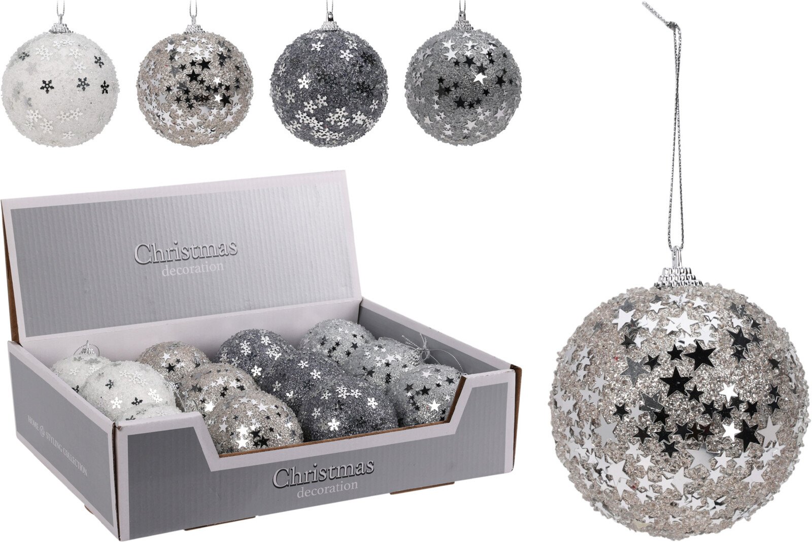 Eglutės žaisliukas, 4 spalvų pasirinkimai: sidabrinė arba šampaninė su žvaigždžių dizainais, balta arba mėlyna spalvos su snaigių dizainais