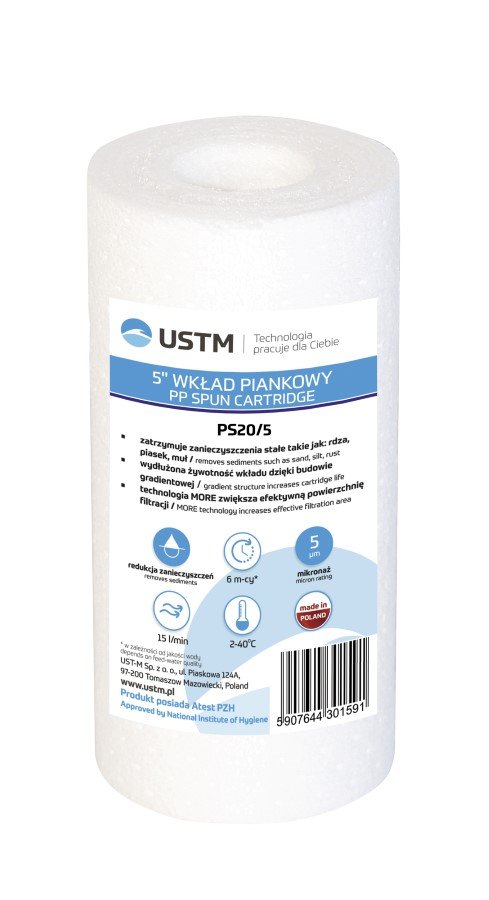 Vandens filtro kasetė USTM PS20/5, 5", 20 µm, pūsto PP, mechaninio valymo