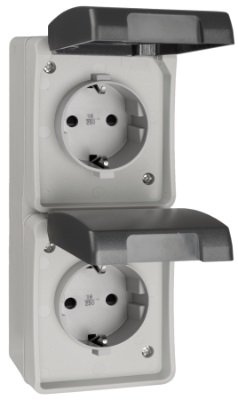 Kištukinis lizdas SOLERA 3366V, 2 vietų, paviršinis, su įž., IP44, 16A, vertikalus, korpusas pilkos sp., dangtelis juodos sp.