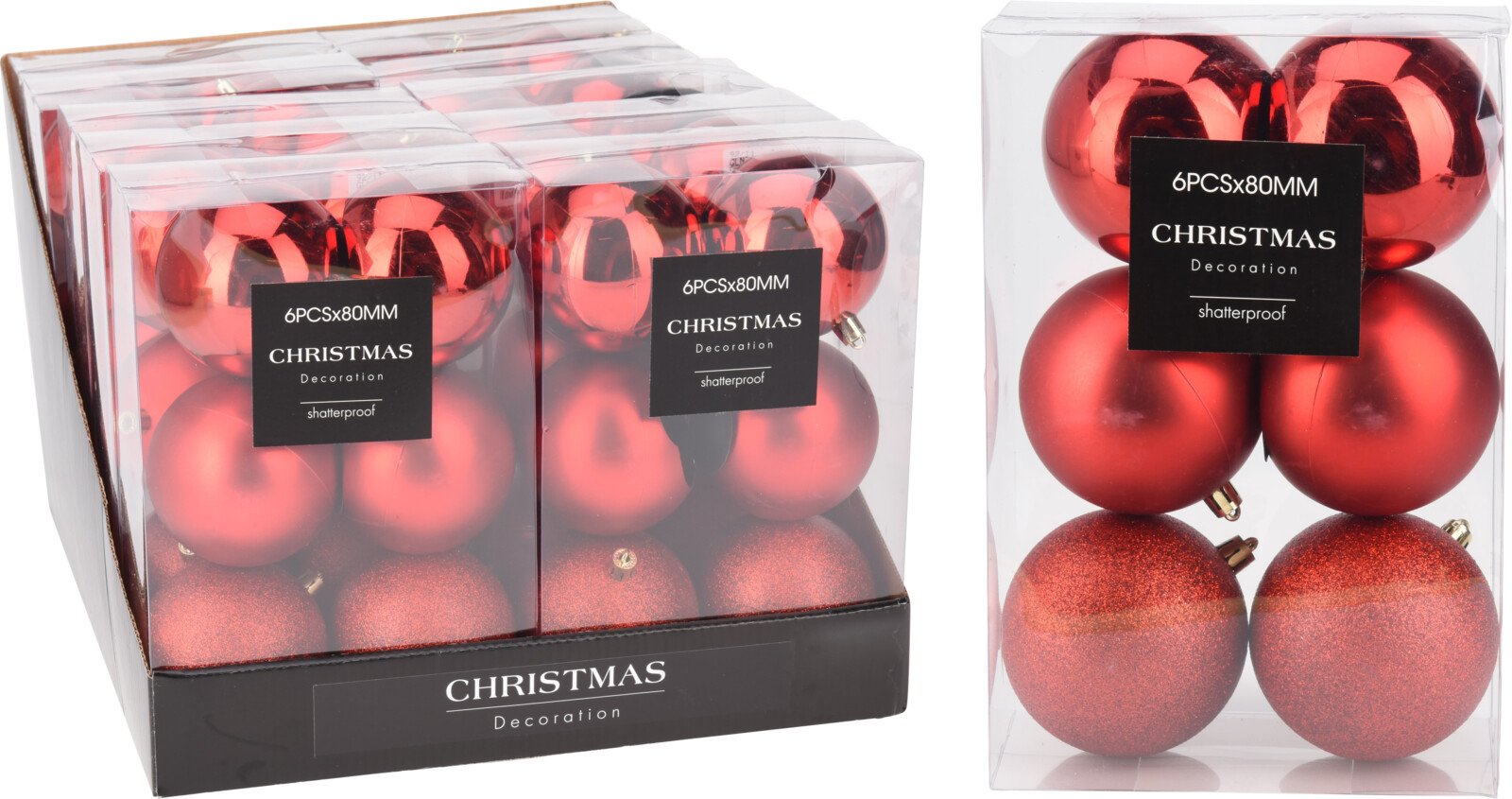 Eglutės žaisliukų rinkinys, 6 vnt., stiklas, raudonos sp., matiniai, blizgūs ir žėrintys, skersmuo 8 cm