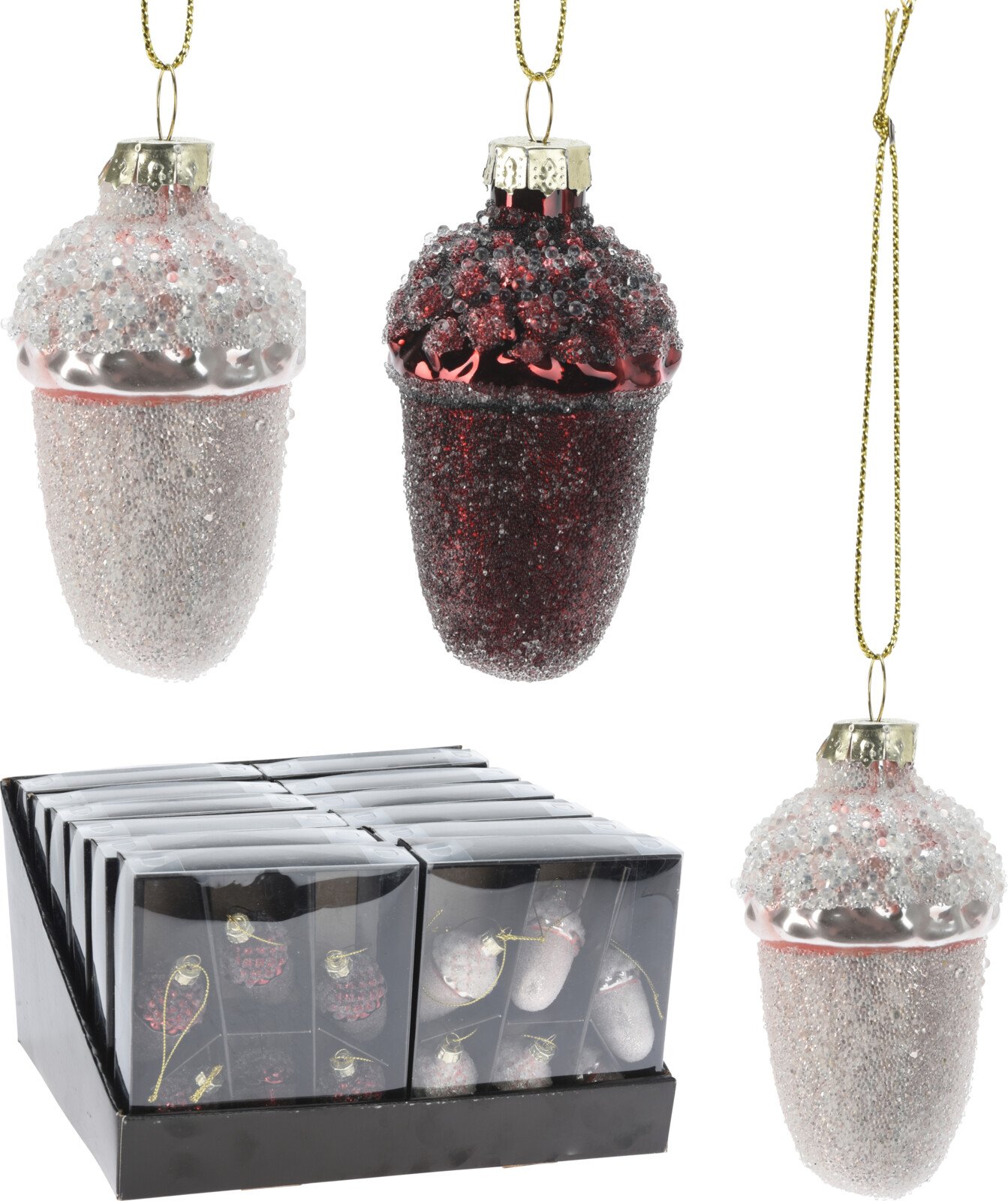 Eglutės žaisliukų rinkinys Gilės, 6vnt., 2 skirtingos spalvos: aukso/šampaninė sp., 40 x 40 x 65 mm