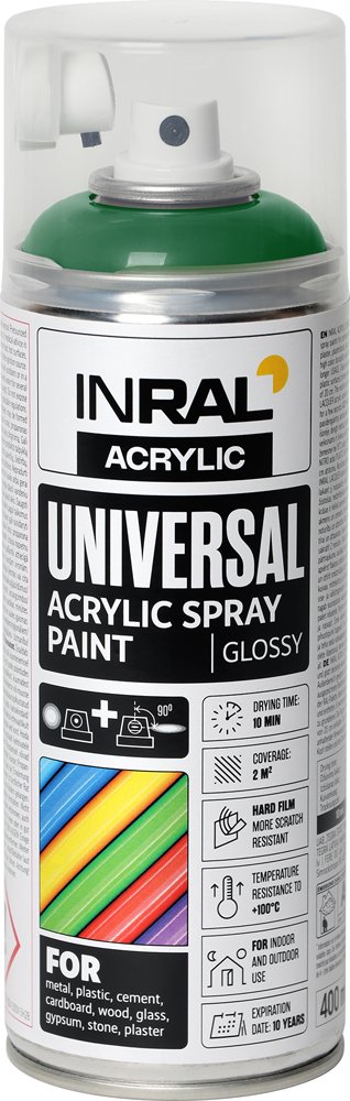 Aerozoliniai dažai INRAL ACRYLIC UNIVERSAL, 400 ml, samanų žalia, blizgi, RAL6005
