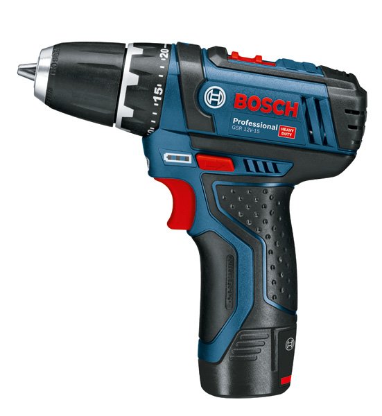 Akumuliatorinis suktuvas BOSCH Professional GSR 12V-15, 2 baterijos 12V, 2,0 Ah, 10 priedų rinkinys, lagaminas (060186810G)