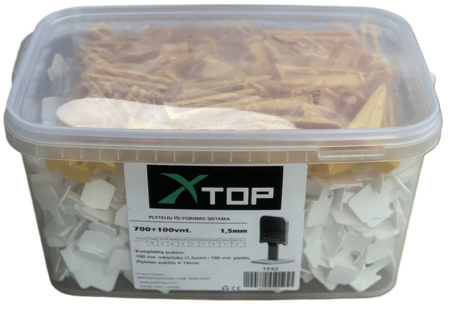 Plytelių išlyginimo sistema XTOP, 1,5 mm, inkarų 700 vnt, pleištų 100 vnt., pleištų aukštis 5-14mm