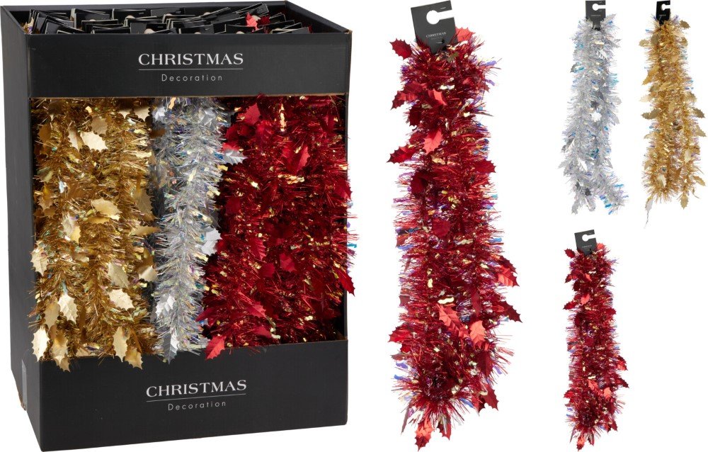 Kalėdinė girlianda su lapeliais, 3 spalvos: auksinė, sidabrinė, raudona, 180 cm