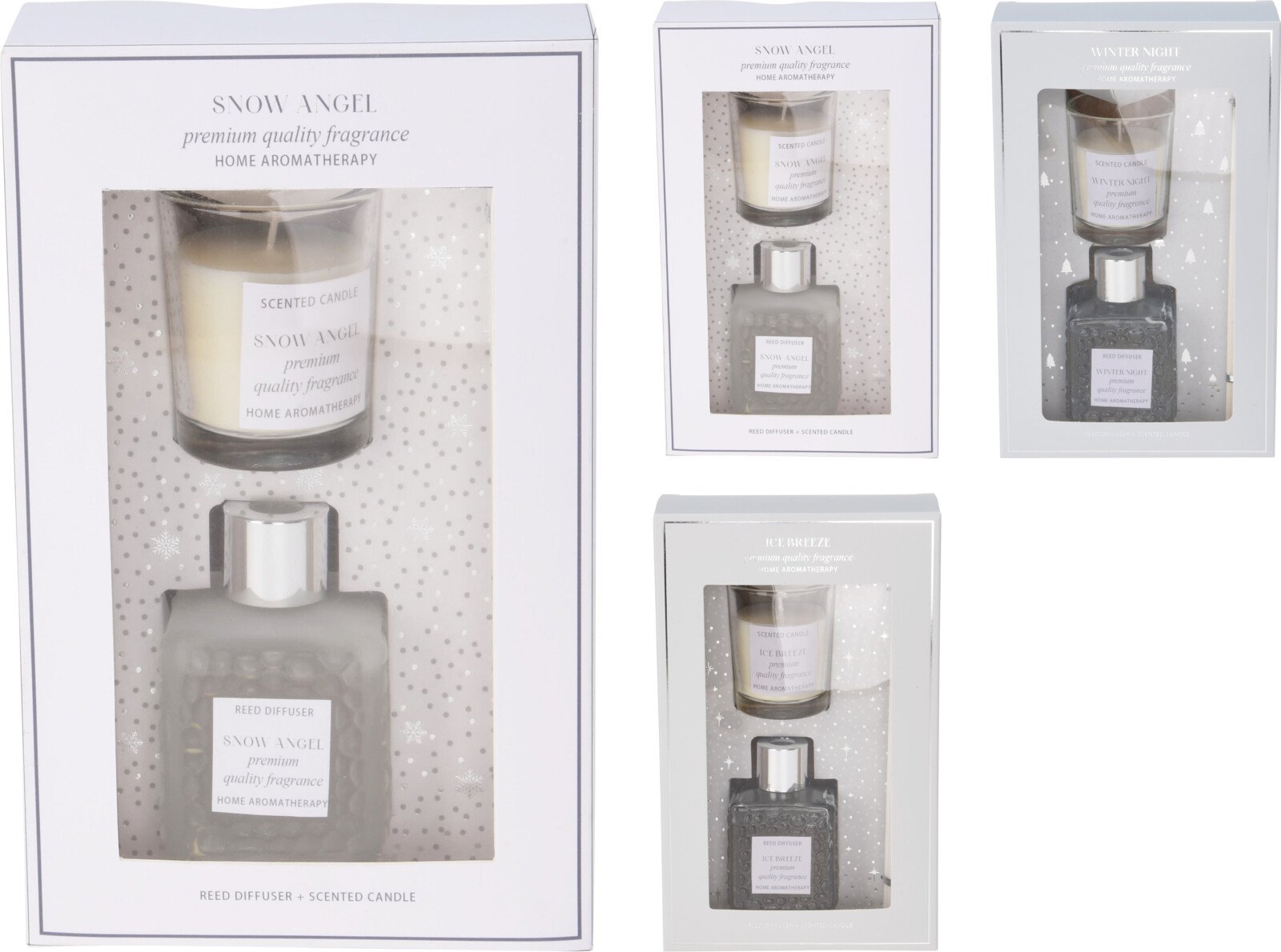 Namų kvapo ir žvakės rinkinys, įv. spalvų, 3 skirtingi kvapai: sniego angelas/ledinis vėjas/žiemos naktis