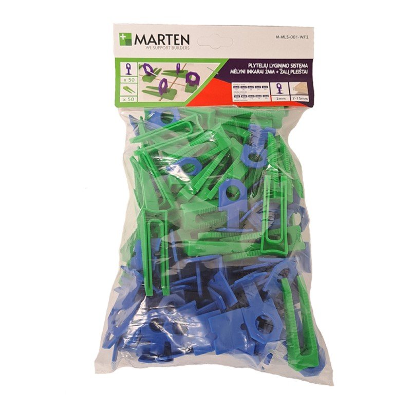 Plytelių išlyginimo sistema MARTEN, komplekte inkarų (2 mm) 50 vnt., pleištų (7-15 mm) 50 vnt.