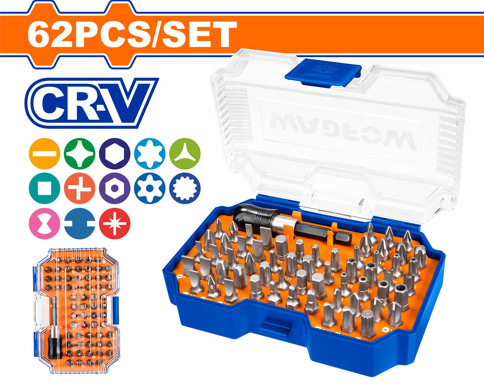 Sukimo antgalių rinkinys su laikikliu WADFOW, 25 mm, 62 vnt., WBS3B62