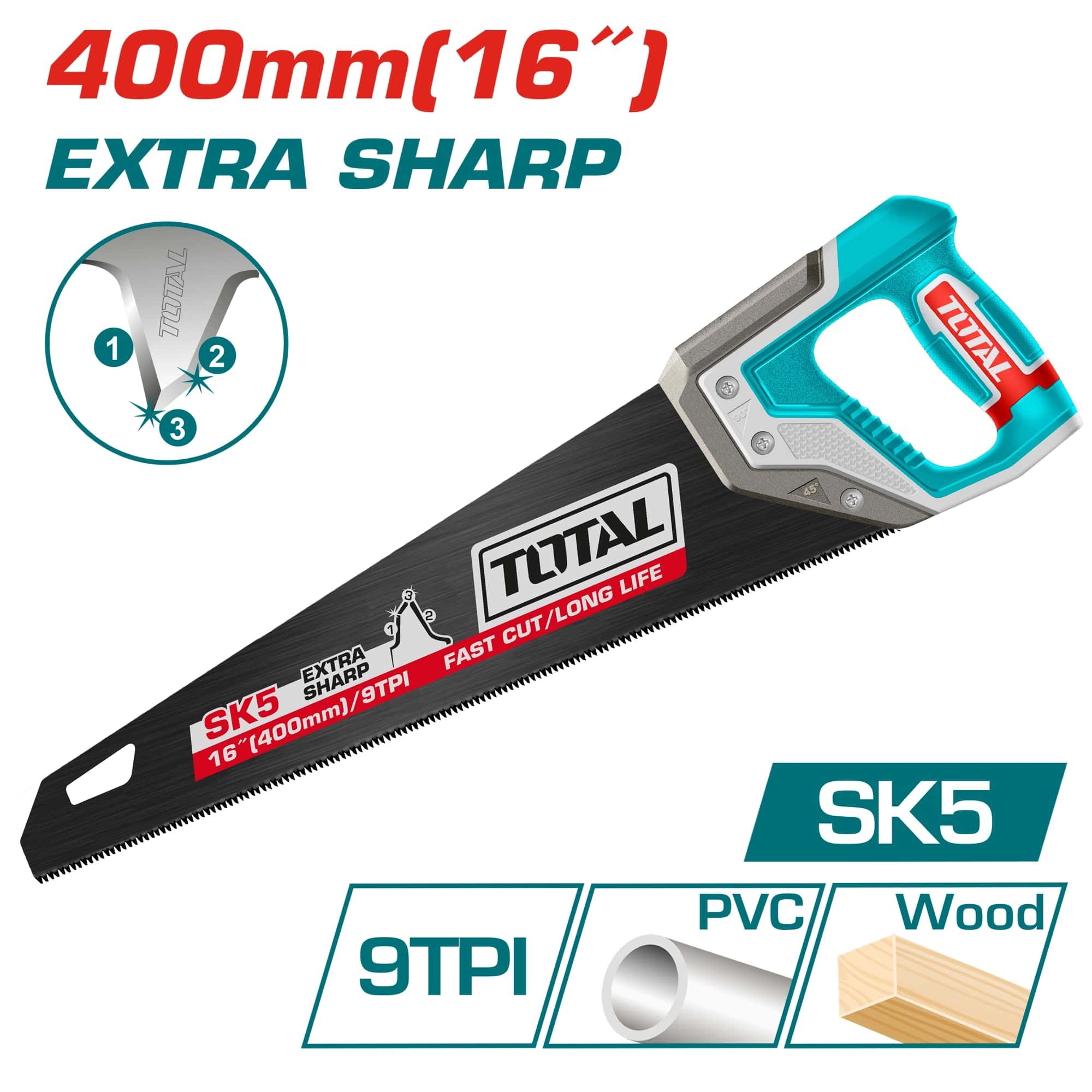Pjūklas medžiui TOTAL, trigubo galandinimo, SK5 plienas, 9TPI, 400mm, THT55168