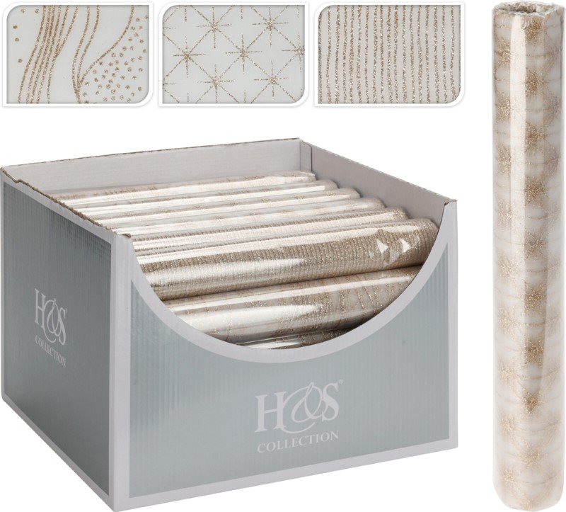 Dekoratyvinis Kalėdinis audinys, iš organzos audinio, auksinės sp., 3 skirtingi dizainai, 28 x 300 cm