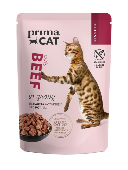 Konservuotas kačių ėdalas PRIMACAT Classics, jautiena padaže, 85g