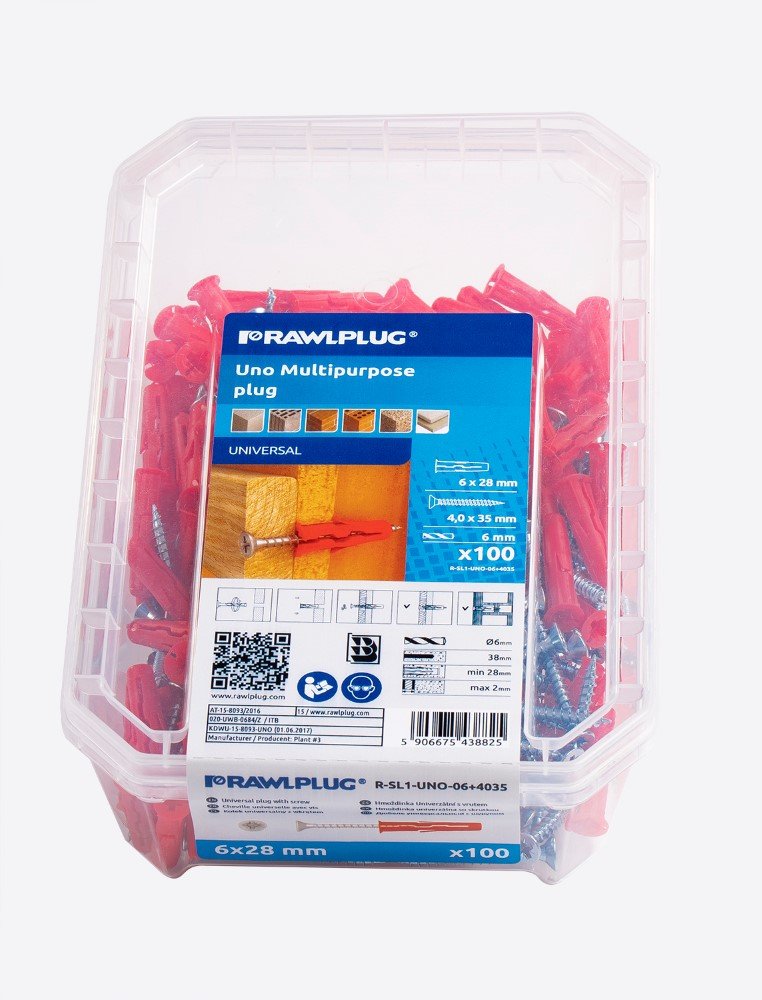Universalus kaištis RAWLPLUG Uno, 6 x 28 mm, su medsraigčiu 4 x 35 mm, 100 vnt.
