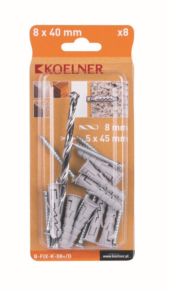 Išsiplečiantis kaištis su medsraigčiu KOELNER B-FIX-08+/D, M8, 5 x 45 mm, 10 vnt., + grąžtas