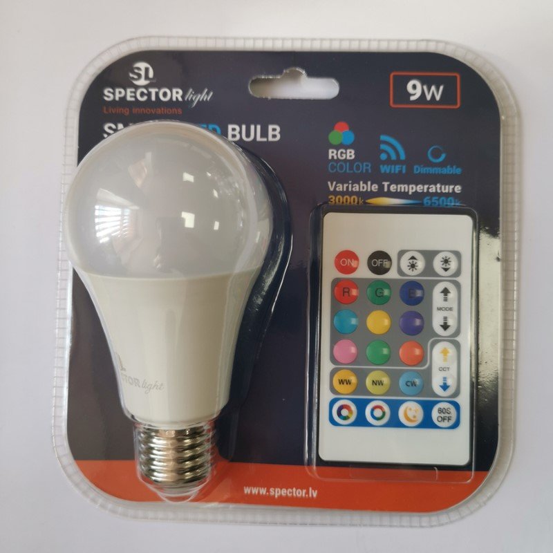 Išmanioji LED lempa SPECTOR LIGHT Smart, 9W, E27 A60, 220-240V, 806 lm, RGB, dimeriuojama, su pultu ir programėlės valdymu (Android&iOS, Alexa&Google), 17623S.