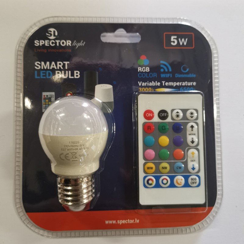 Išmanioji LED lempa SPECTOR LIGHT Smart, 5W, E27 G45 burb., 220-240V, 400 lm, RGB, dimer., su pultu ir programėlės valdymu (Android&iOS, Alexa&Google), 17622S.