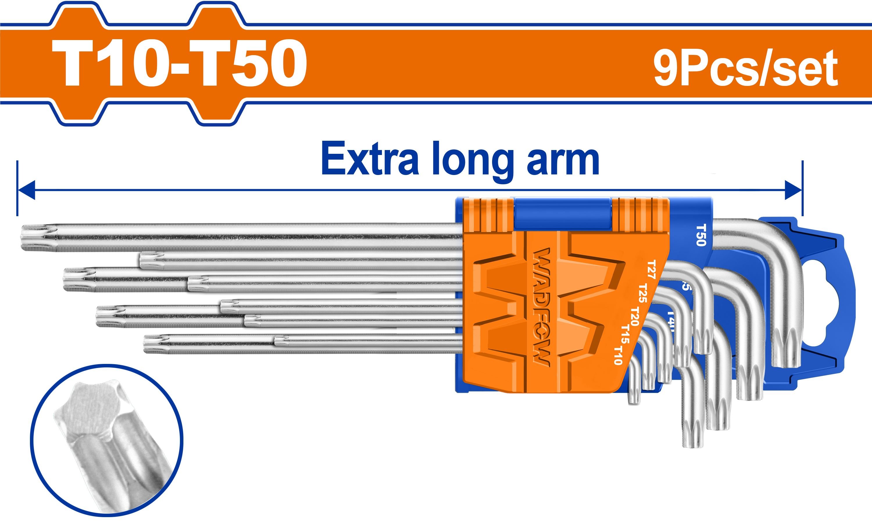 Žvaigždučių raktų TORX rinkinys WADFOW, T10-T50, 9 vnt., WHK3292