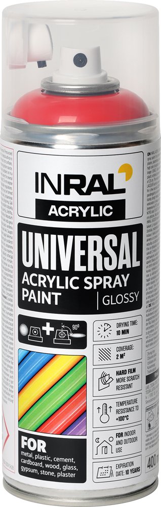 Aerozoliniai dažai INRAL ACRYLIC UNIVERSAL, 400 ml, kelininkų raudona, blizgi, RAL3020