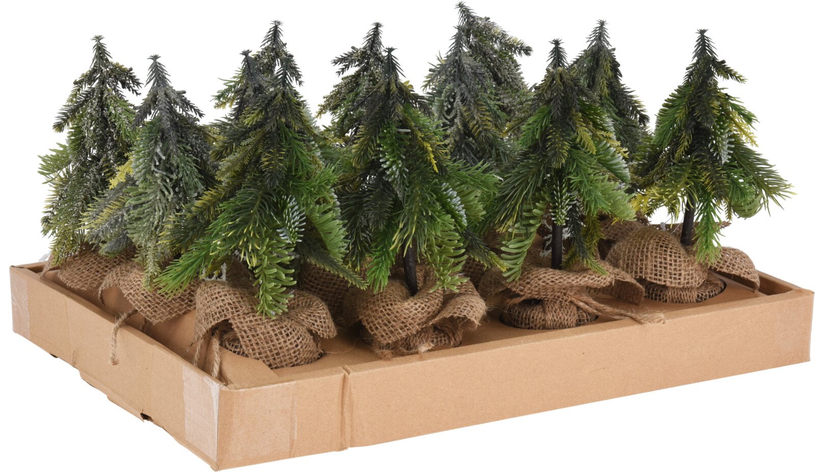 Kalėdinė eglutė, su plastikiniu vazonu, dekoruotu džiutiniu audiniu, žalios sp., 12 x 12 x 24 cm