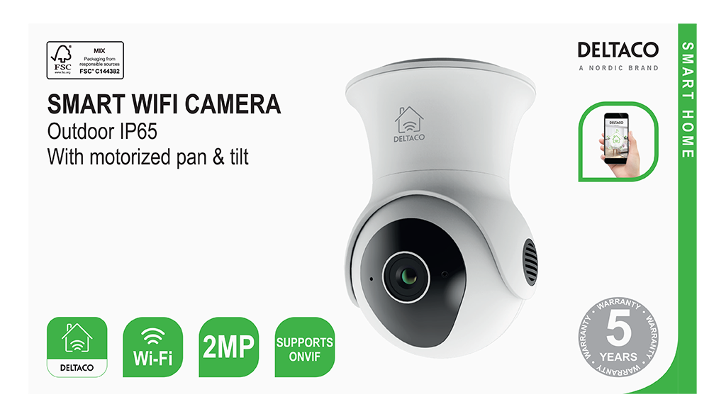 Išmanioji stebėjimo kamera DELTACO Smart Home Sh-Ipc08, WiFi, motorizuotas pakėlimas ir pasukimas, 2 krypčių garsas, lauko, IP65, 2 MP, ONVIF, IR naktinis matymas, baltos sp.