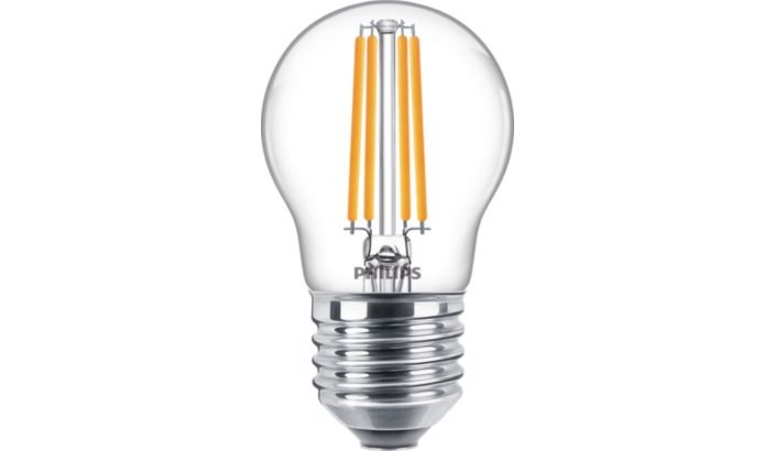 LED lempa PHILIPS, 6,5W (=60W), E27 P45 burbuliukas, 220-240V, 2700K, 806 lm, filamentinė, skaidri