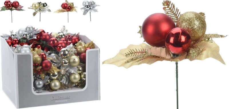 Kalėdinė dekoracija ant pagaliuko, 4 dizainai, raudonos, aukso, sidabro sp.,  22 cm