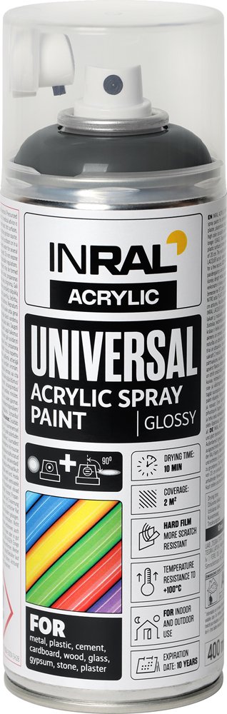 Aerozoliniai dažai INRAL ACRYLIC UNIVERSAL, 400 ml, antracito pilka, blizgi, RAL7016