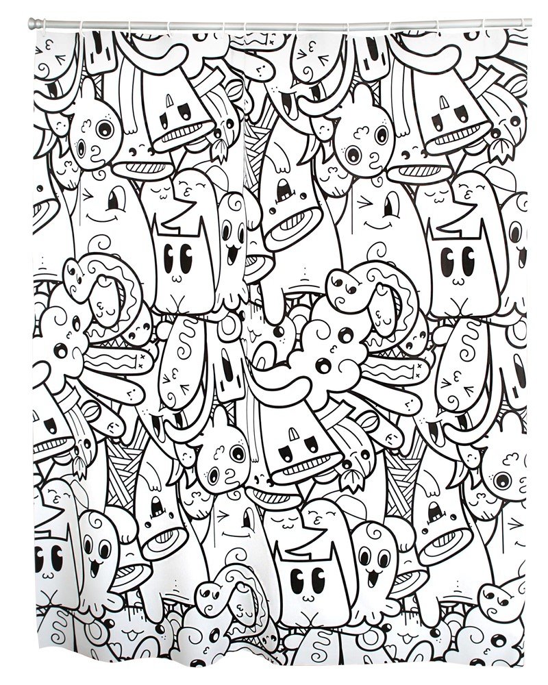 Vonios užuolaida RIDDER DOODLE, 180 x 200 cm, balta/juoda, vinilinė, 100% PEVA, 3123310