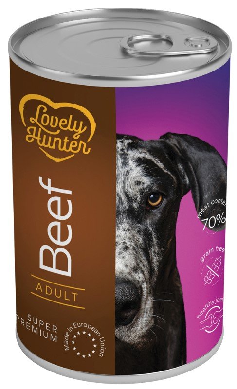Konservuotas šunų ėdalas LOVELY HUNTER, suaugusiems šunims, su jautiena, 400g