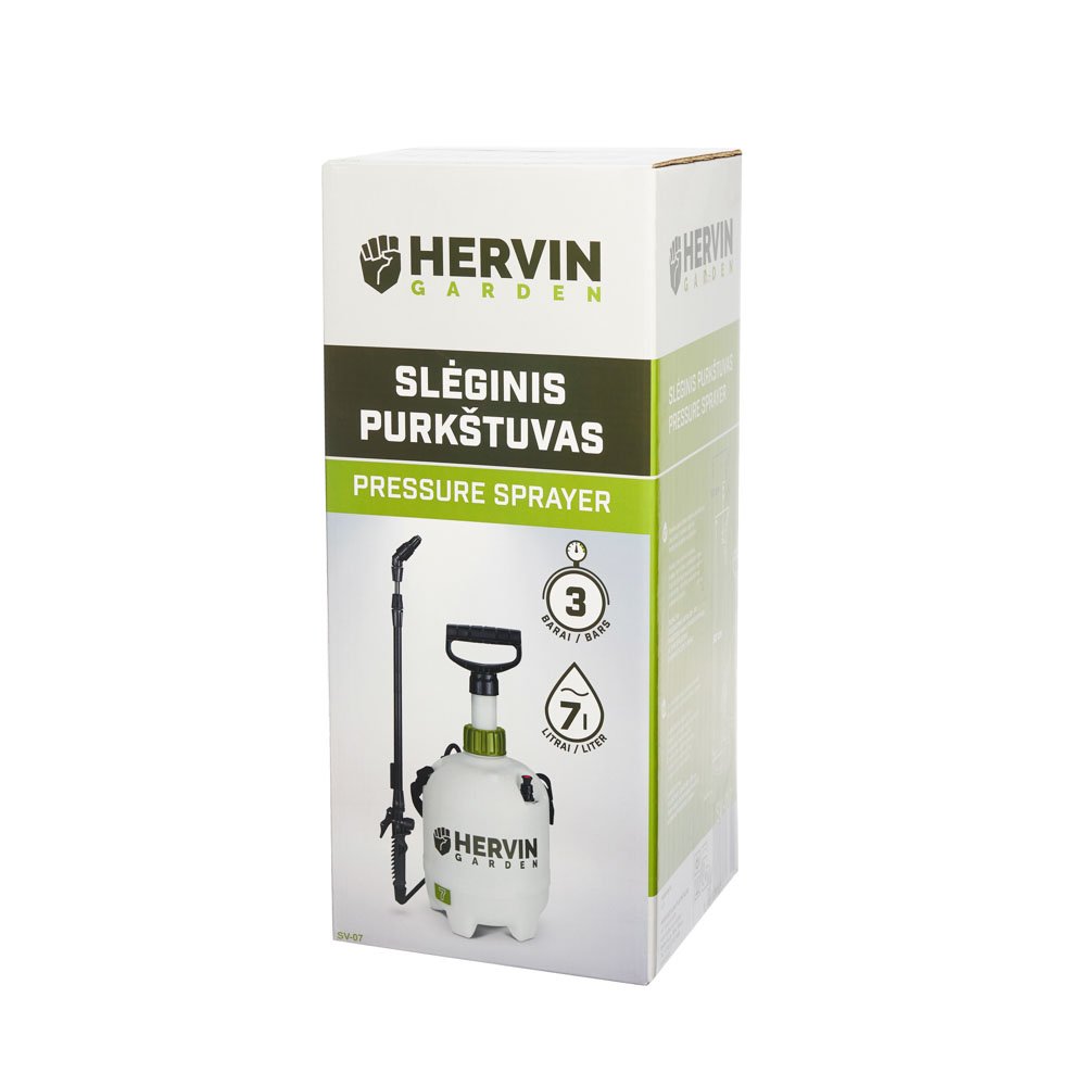 Slėginis purkštuvas HERVIN SV-07, teleskopinis kotas 60–80 cm, talpa 7 l, darbinis slėgis 3 barai