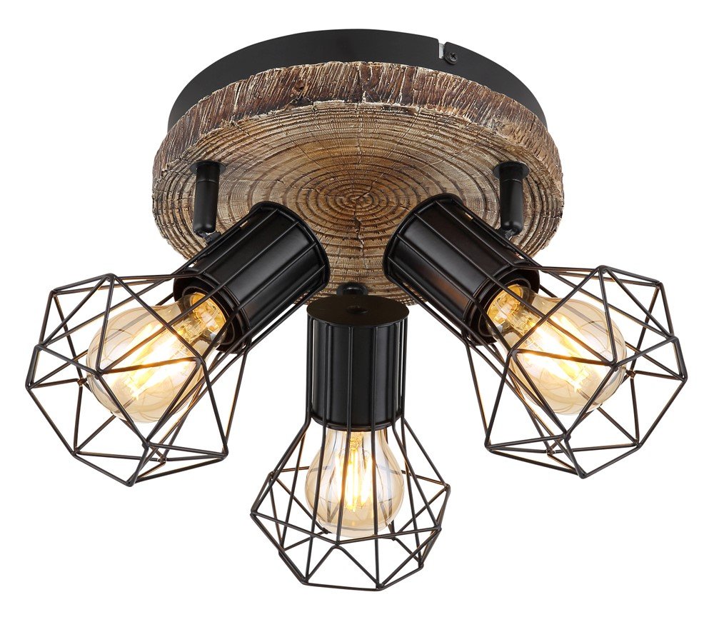 Kryptinis šviestuvas GLOBO Priska, E27, 3 x 60W, 230V, metalinis, su medžiu, juodos sp., 300 x 300 x 300 mm, 54017W-3