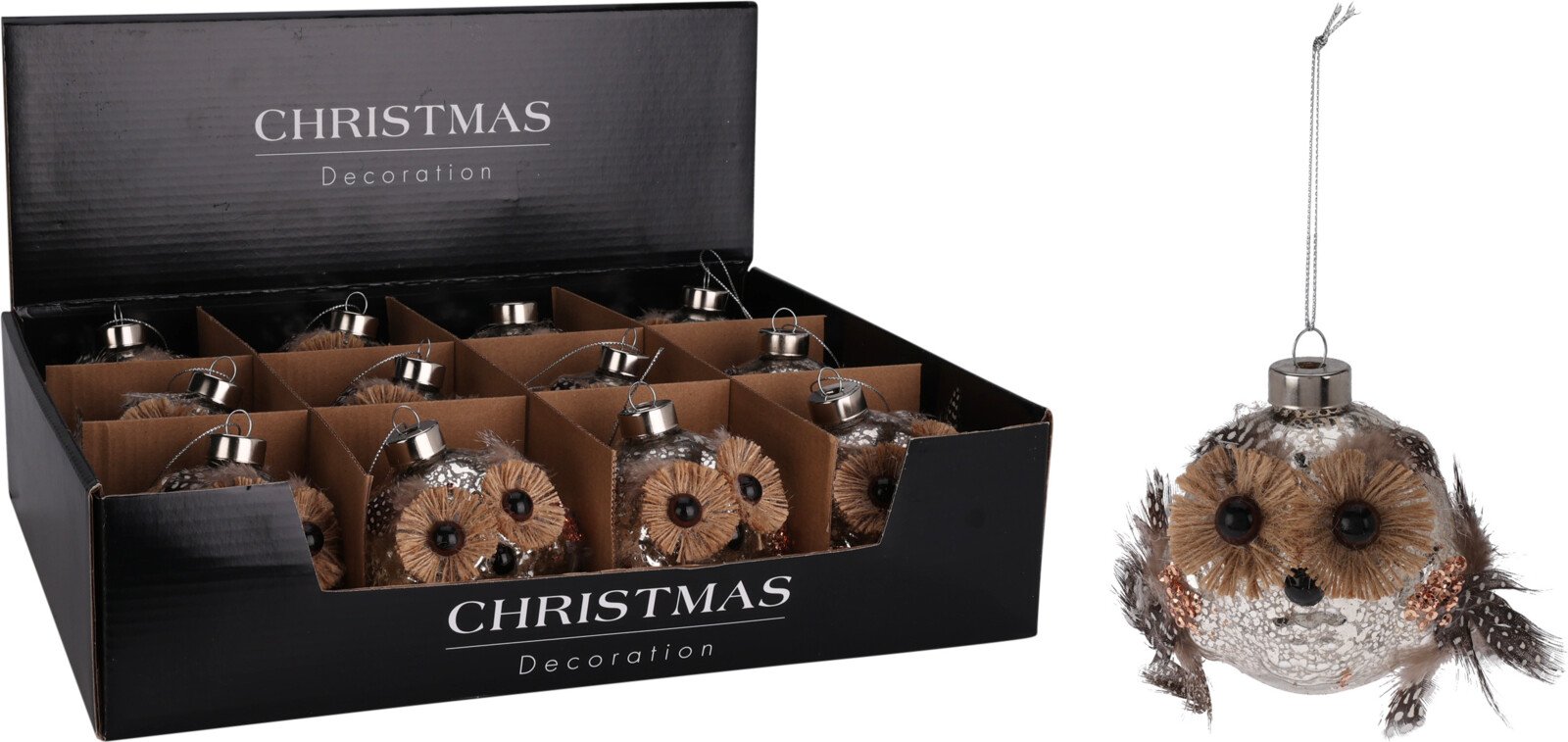 Eglutės žaisliukas Pelėda, su plunksnomis, aukštis 8 cm