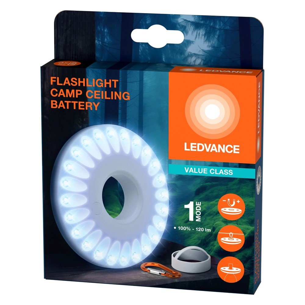 LED žibintuvėlis kempingui LEDVANCE, 1.5W, 120lm, 3 x AA, 120x20 mm, IP20