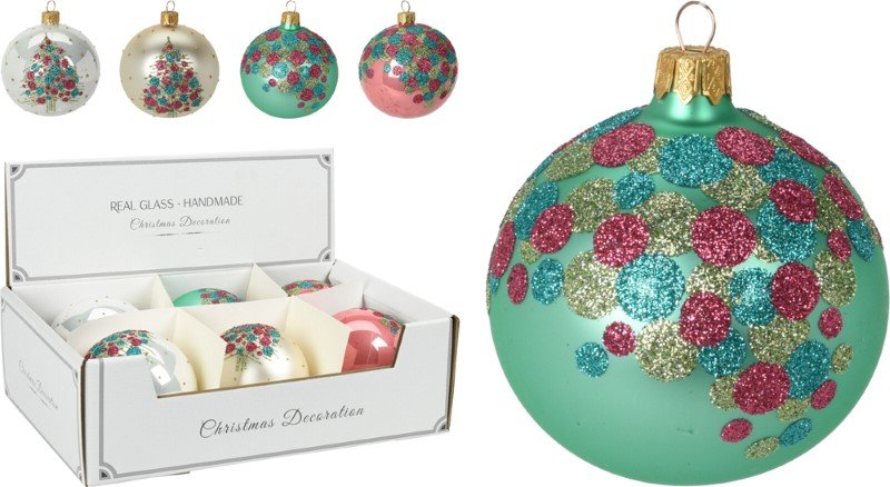 Stiklinis kalėdinės eglės žaisliukas, su ryškiais blizgančiais taškeliais, 10 cm, 4 skirtingos sp., 2 skirtingi dizainai