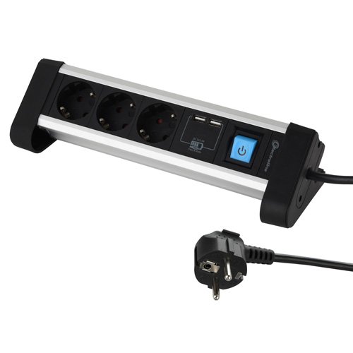 Ilgiklis ELECTRALINE Desk Aluminium Pro-Line, 3 lizd., 2m, su įž., su jungikliu, 3x1,5, baltos, metalo sp., 2xUSB-A, 62563