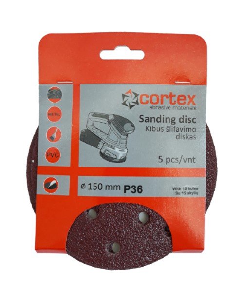 Šlifavimo diskas CORTEX, P36, 150 mm, 15 skylių, 5 vnt.