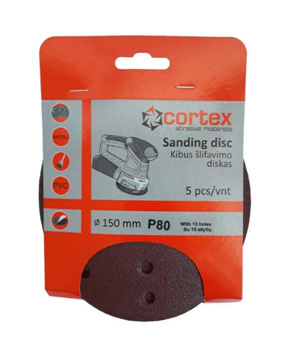 Šlifavimo diskas CORTEX, P80, 150 mm, 15 skylių, 5 vnt.