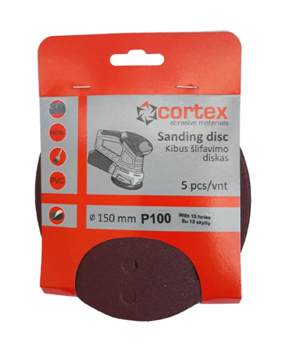 Šlifavimo diskas CORTEX, P100, 150 mm, 15 skylių, 5 vnt.