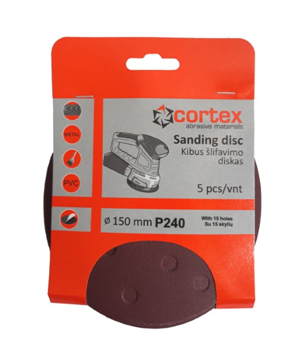 Šlifavimo diskas CORTEX, P150, 150 mm, 15 skylių, 5 vnt.