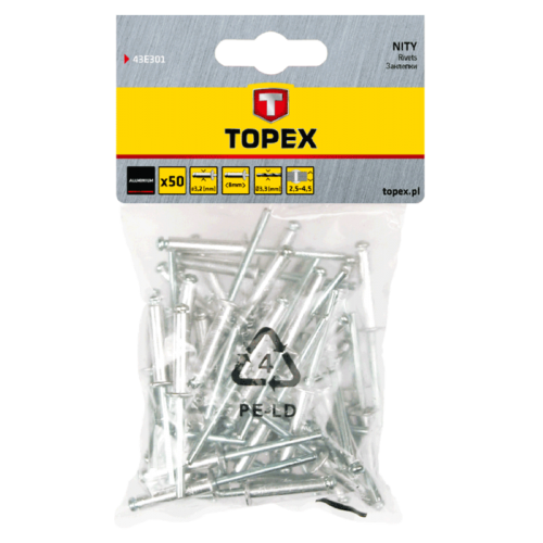 Kniedės TOPEX, 3,2 x 10,0 mm, aliumininės, 50 vnt