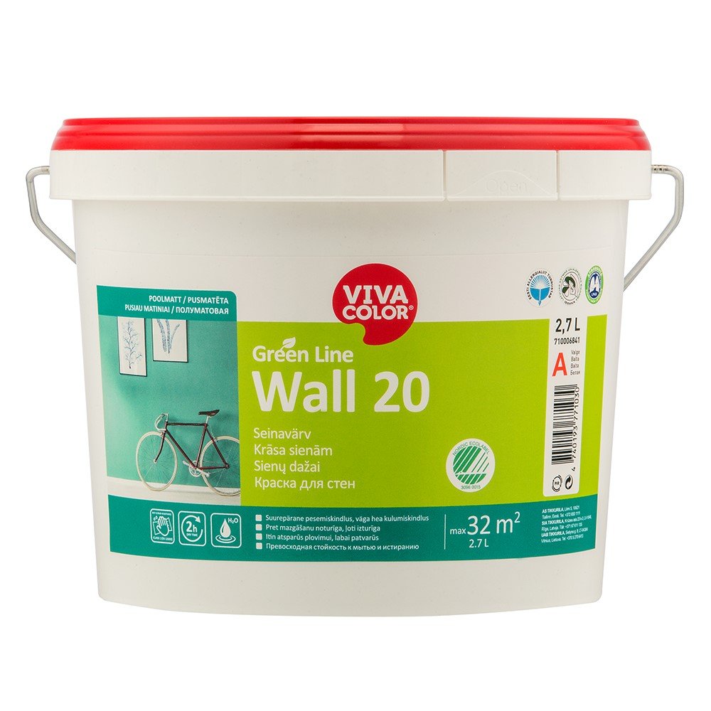 Vandeniniai vidaus dažai VIVACOLOR Green Line Wall 20, 2,7 l, A bazė, balti, pusiau matiniai