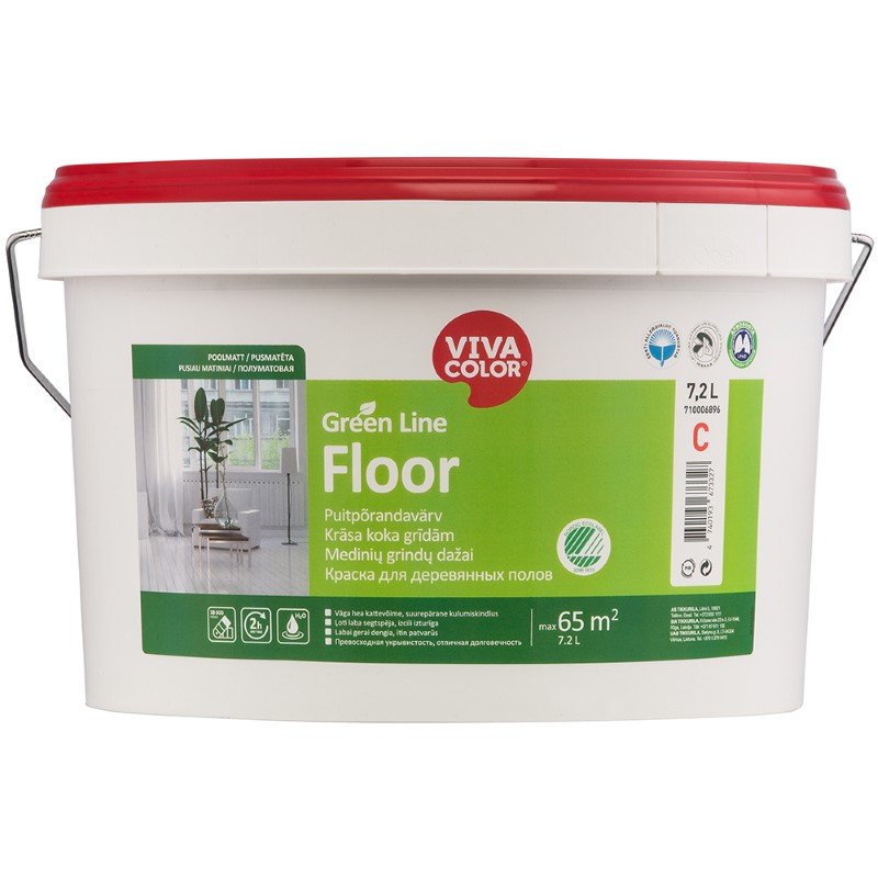 Vandeniniai dažai VIVACOLOR Green Line Floor, pusiau matiniai, grindims, A bazė, 7,2l