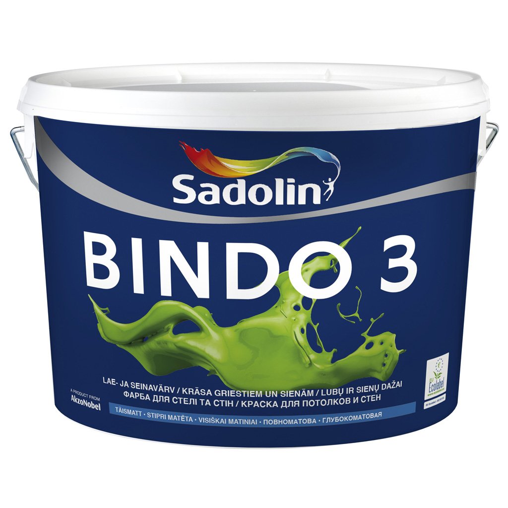 Vandeniniai vidaus dažai SADOLIN Bindo 3, 10 l, BW bazė, balti, visiškai matiniai