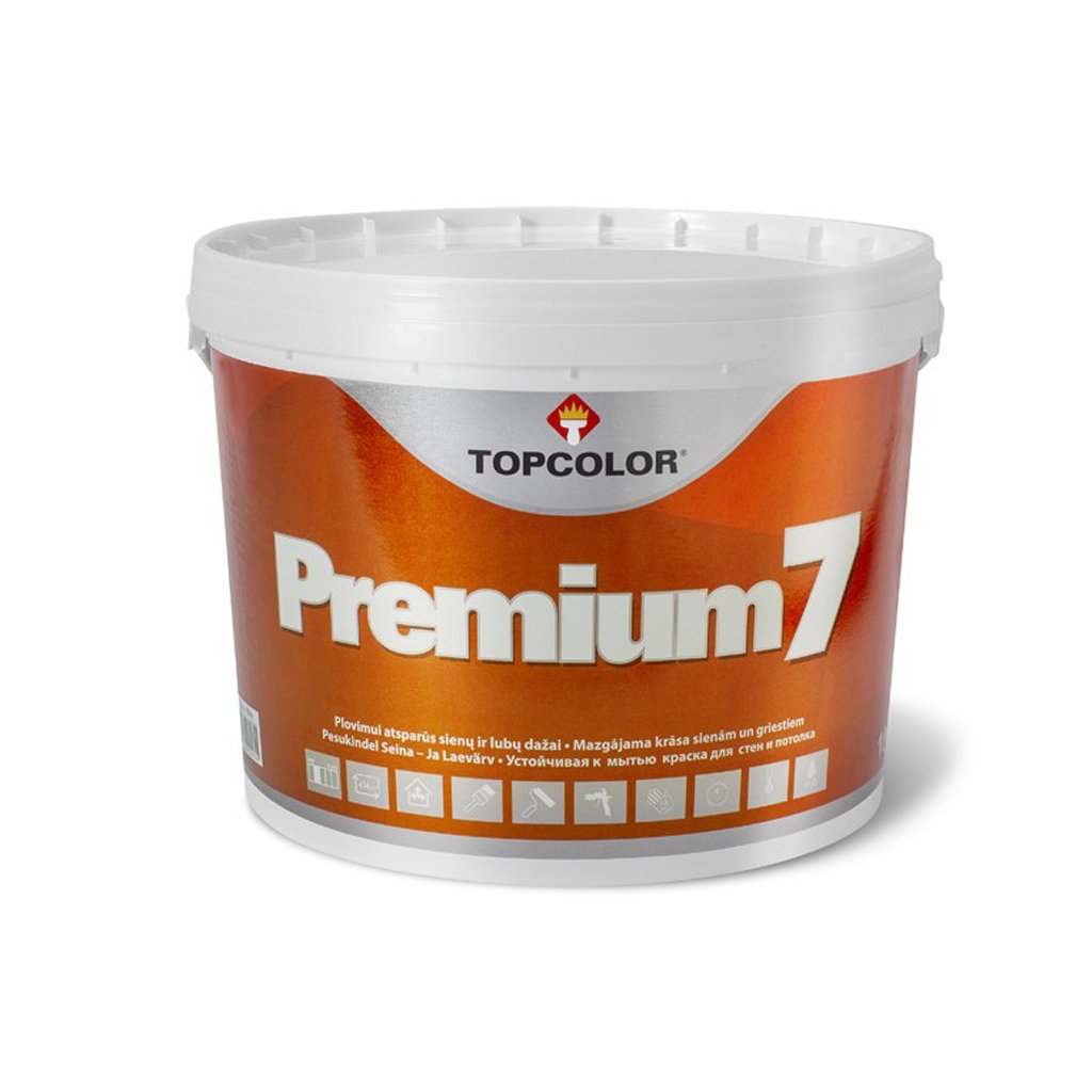 Vandeniniai vidaus dažai TOPCOLOR Premium 7, 1 l, balti, matiniai, ypatingai atsparūs plovimui, sienoms