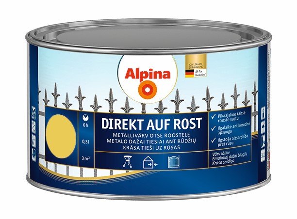 Antikoroziniai dažai ALPINA Direkt Auf Rost, 0,3 l, rapsų geltonumo
