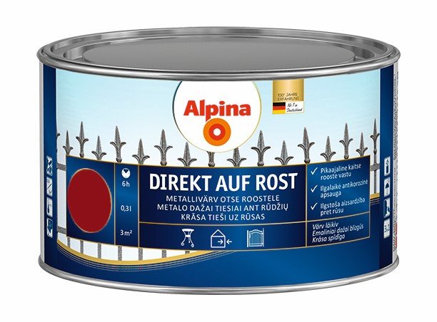 Antikoroziniai dažai ALPINA Direkt Auf Rost, 0,3 l, vyno raudonumo