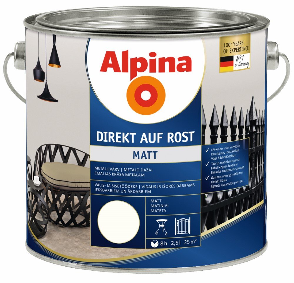 Antikoroziniai dažai ALPINA Direkt Auf Rost, Matiniai, baltos spalvos, RAL9010, 2,5l