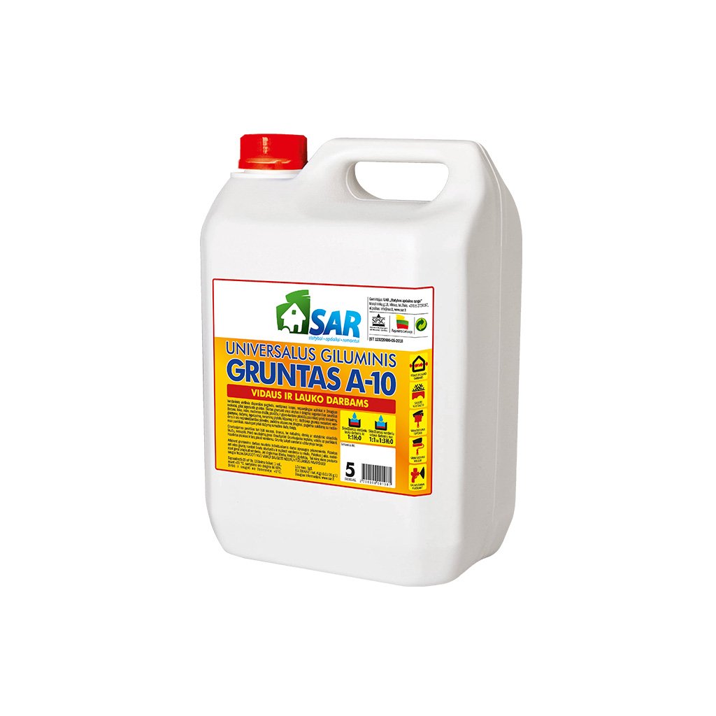 Giluminis gruntas SAR A-10, 1 l, vidaus ir išorės darbams, skiedžiamas vandeniu: viduje 3:1, išorėje 1:1