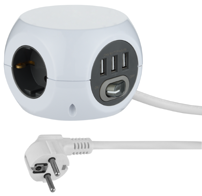 Ilgiklis ELECTRALINE MINI CUBE, 3 lizd., 1,5 m, su įž., 3 USB su jungikliu, 3 x 1,5, baltos sp., 62078