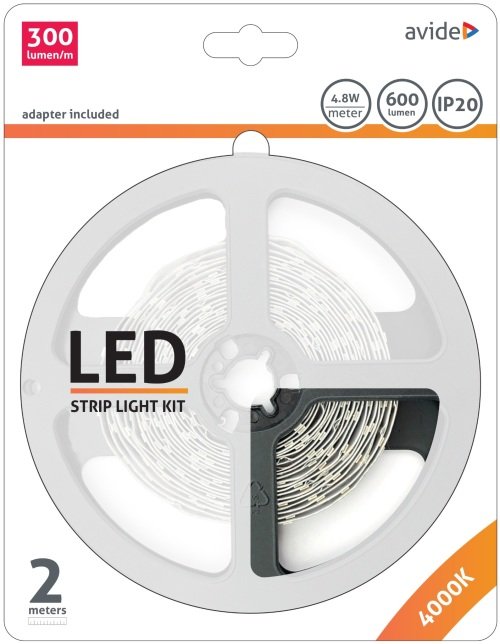 Šviesos diodų juostos komplektas AVIDE At-4243, LED 2 m, 4,8 W/m, IP20, 4000 K, 600 lm, 12V, SMD2835, 120 laipsnių, 300 lm/m, komplekte adapteris iš 220V į 12V